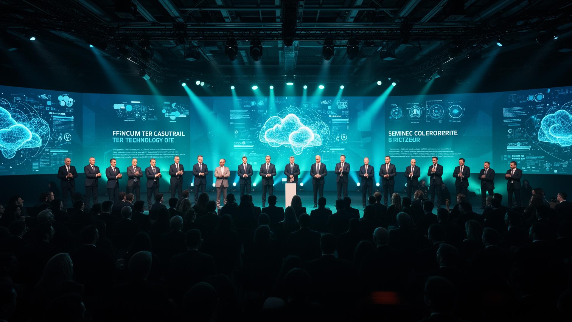 Executive technology conference with cloud and AI visuals
